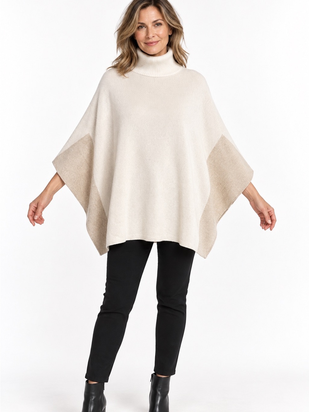 Note di Anita Italy Merino Wool Cashmere Colorblock Poncho Sweater Cream OS